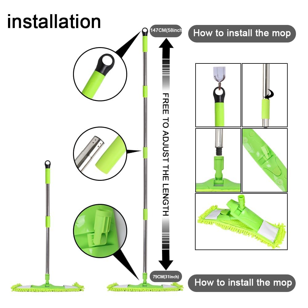 Dust Mop for Floor Cleaning with 2 Washable Chenille Pads and Extendable 58” Long Handle, Dry Wet Flat Mop with Scouring Pad for Hardwood, Laminate, Tile, Marble (Green)