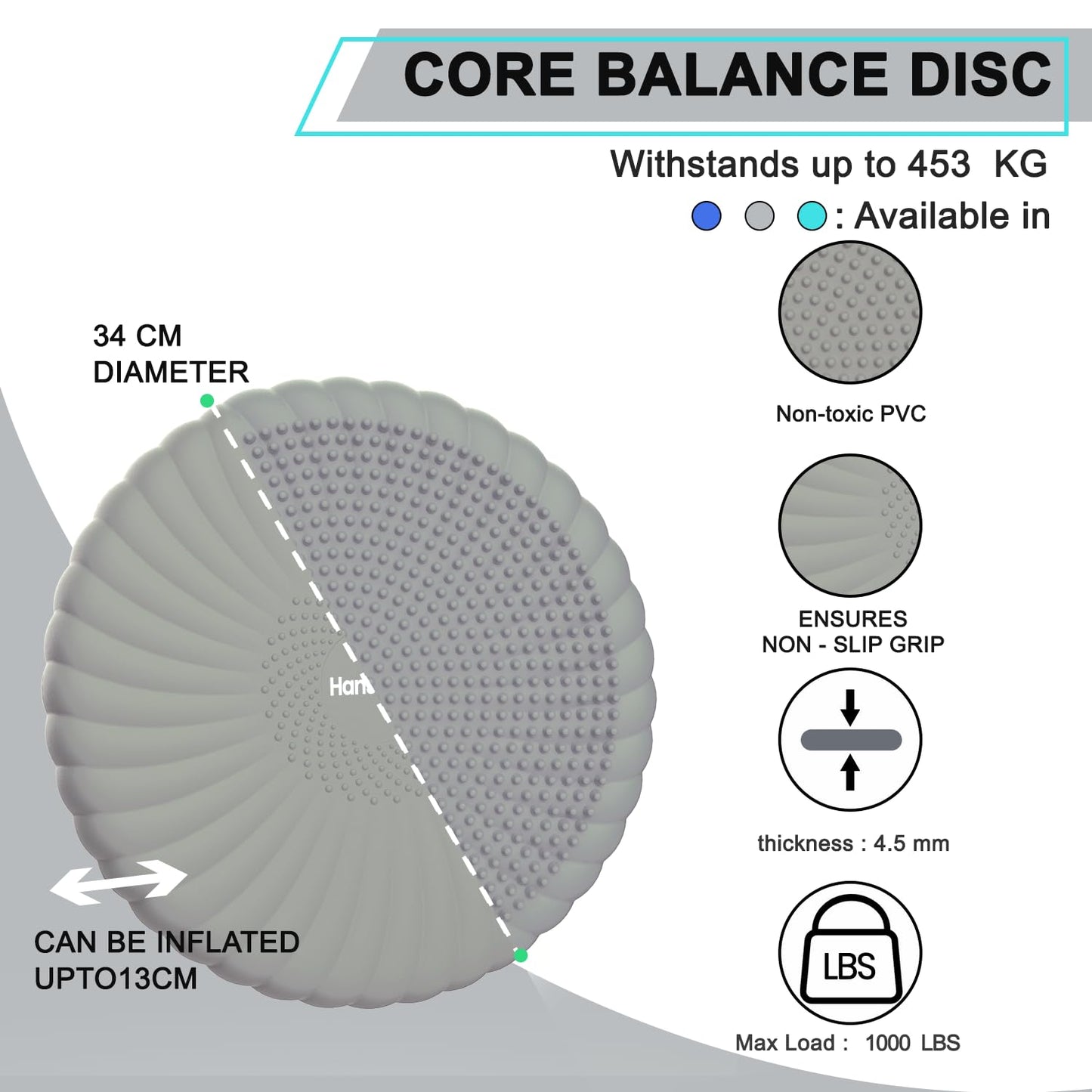 Hanstuten Wobble Cushion Core Balance Disc, Inflated Wiggle Seat Cushion to Improve Sitting Posture & Stay Focused, Non-slip Balance Pads for Physical Therapy & Core Strength (1Grey)