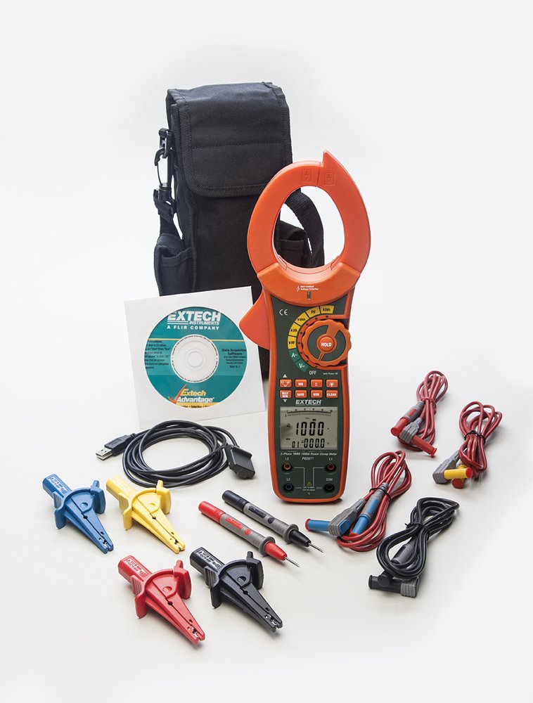 Extech PQ2071-1000 A 1-/3‑Phase True RMS Power Clamp Meter – AC Current, Voltage, Frequency, Power Measurements (kW, kVA, kVAR, kWh), Power Factor & Phase, Data Logging with USB