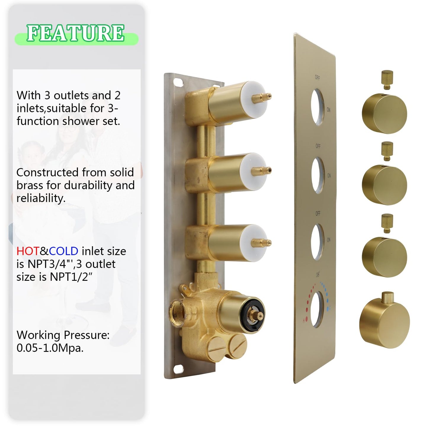 HOMEDEC 3 Function Shower Mixing Valve and Trim Kit, Brushed Gold 3 Ways Thermostatic Valve Flow Volume Control Vertical Shower Diverter Selector