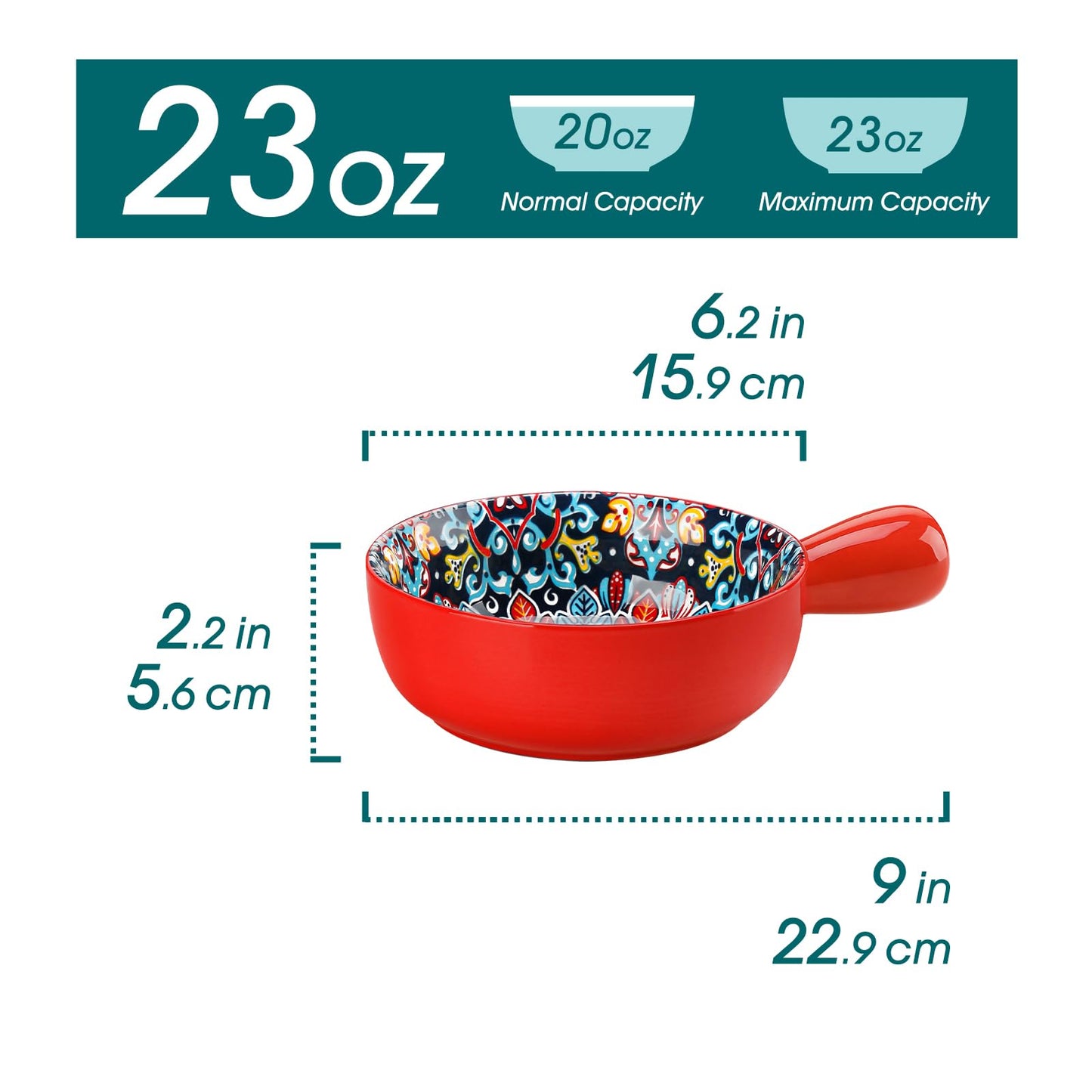 vancasso Soup Bowls with Handles, 23 Oz French Onion Soup Bowls Oven Safe, Bohemian Ceramic Soup Crocks for Cereal, Pasta, Beef Stew, Chilli, Microwave Dishwasher Safe-6.2 inch, Set of 4