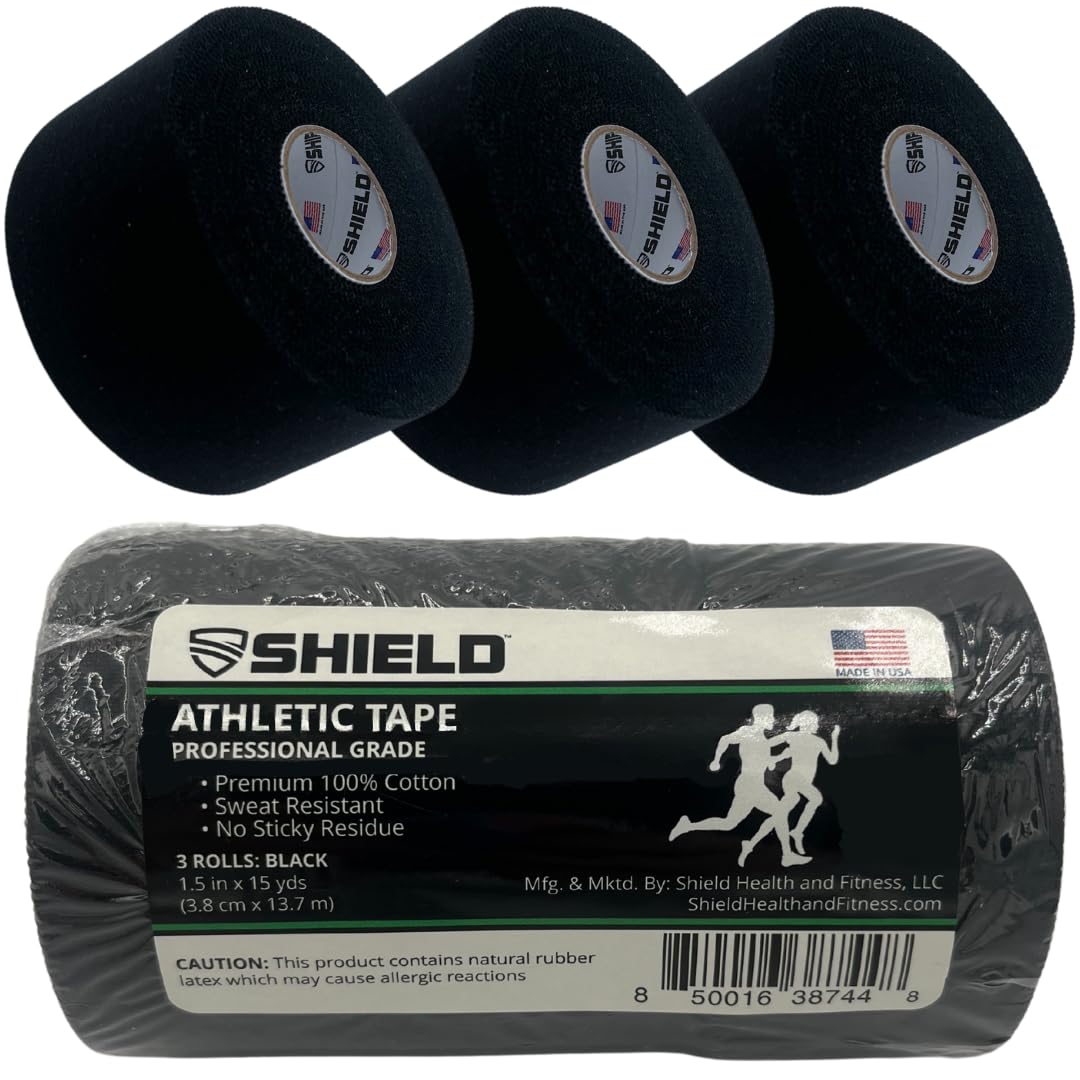 SHIELD | 3-Pack Athletic Tape – 1.5 Inches x 15 Yards - Made in USA, Easy Tear, Rigid, Very Strong. First aid, Injury- Athletic, Medical,Therapy Trainers (Black)