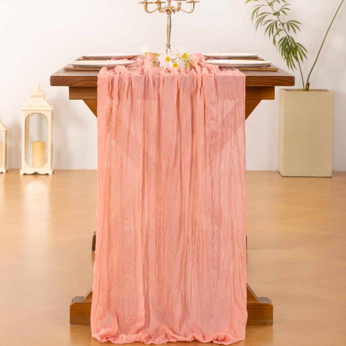 Socomi Cheesecloth Table Runner - Coral Peach Boho Style | 120-Inch for Weddings & Home Decor