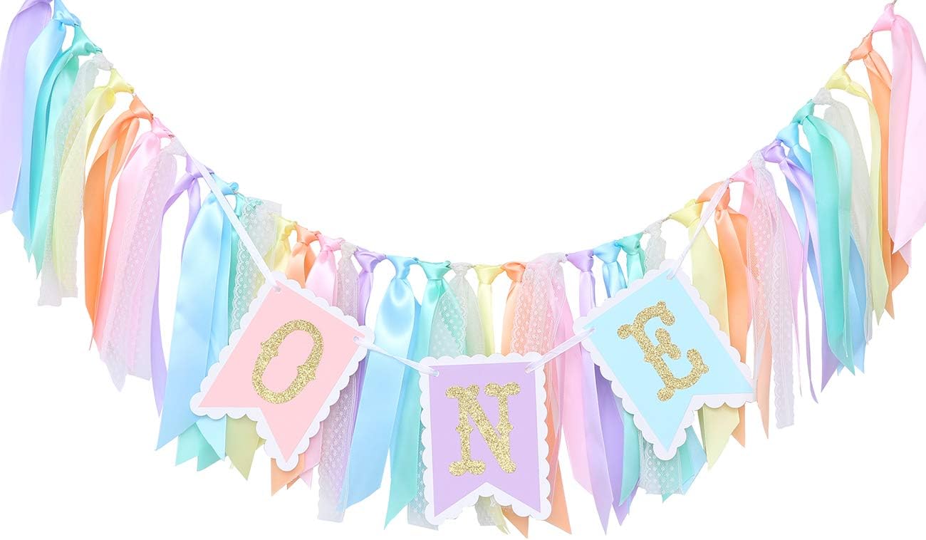 Rainbow High Chair Banner - Colorful 1st Birthday Photo Prop for Baby Girl Smash Cake, Macarons Theme