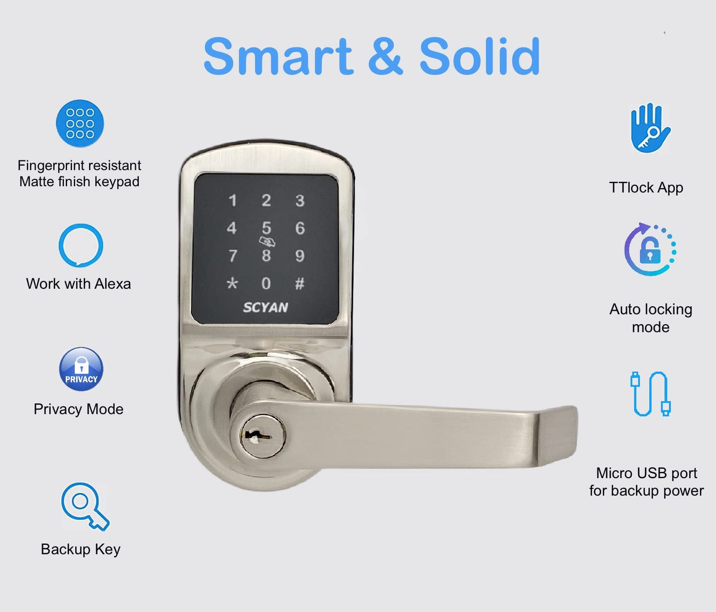Smart Door Lock, Keyless Entry Door Lock, SCYAN X2 Handle Lock with Touchscreen Keypad Access, Auto Locking, for Home, Airbnb Rental House, Satin Nickel