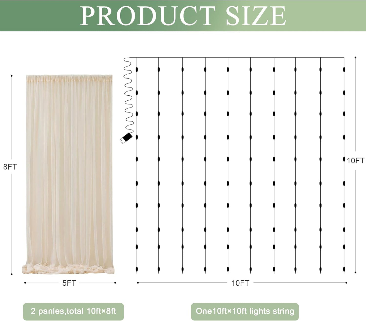 10FT 8FT (2 5x8FT) Tulle Backdrop Curtain with Lights String X Champagne Sheer Tulle Backdrop Curtains for Wedding