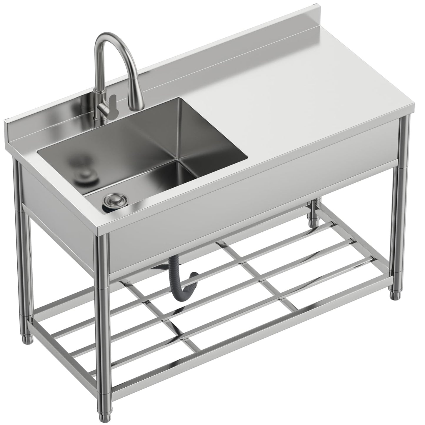 GGW Commercial Sink with Drainboard, Stainless Steel Utility Sink with Pull-out Faucet, Free Standing Single Bowl Kitchen Sink with Workbench for Restaurant, Garage, Outoor, 21.7"D x 47.2"W x 37"H