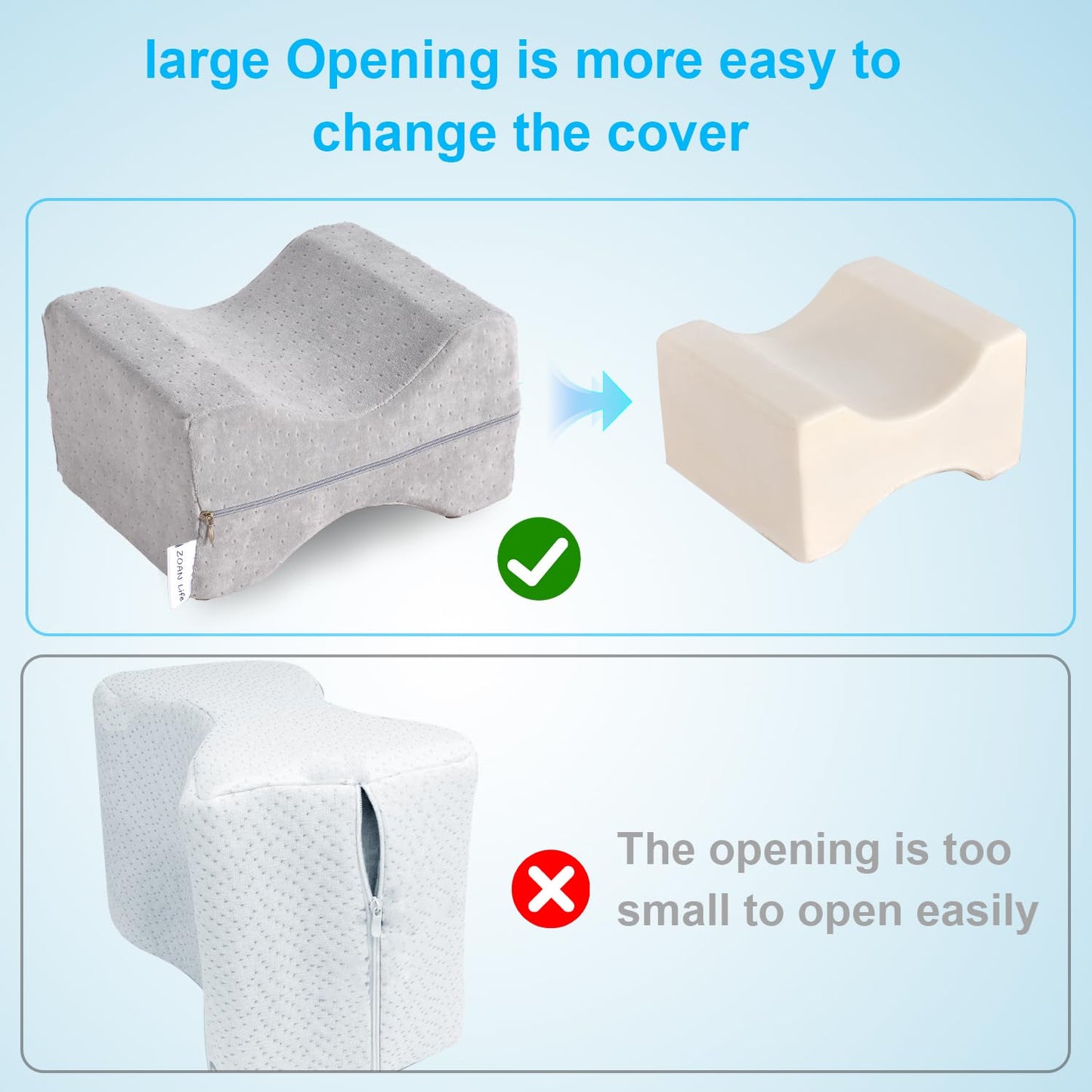 ZOAN Memory Foam Knee Pillow, Knee Pillow for Side Sleepers, Leg Pillow for Side Sleeping, Hip and Back Pain, Sciatica Pain Relief Pillow Grey