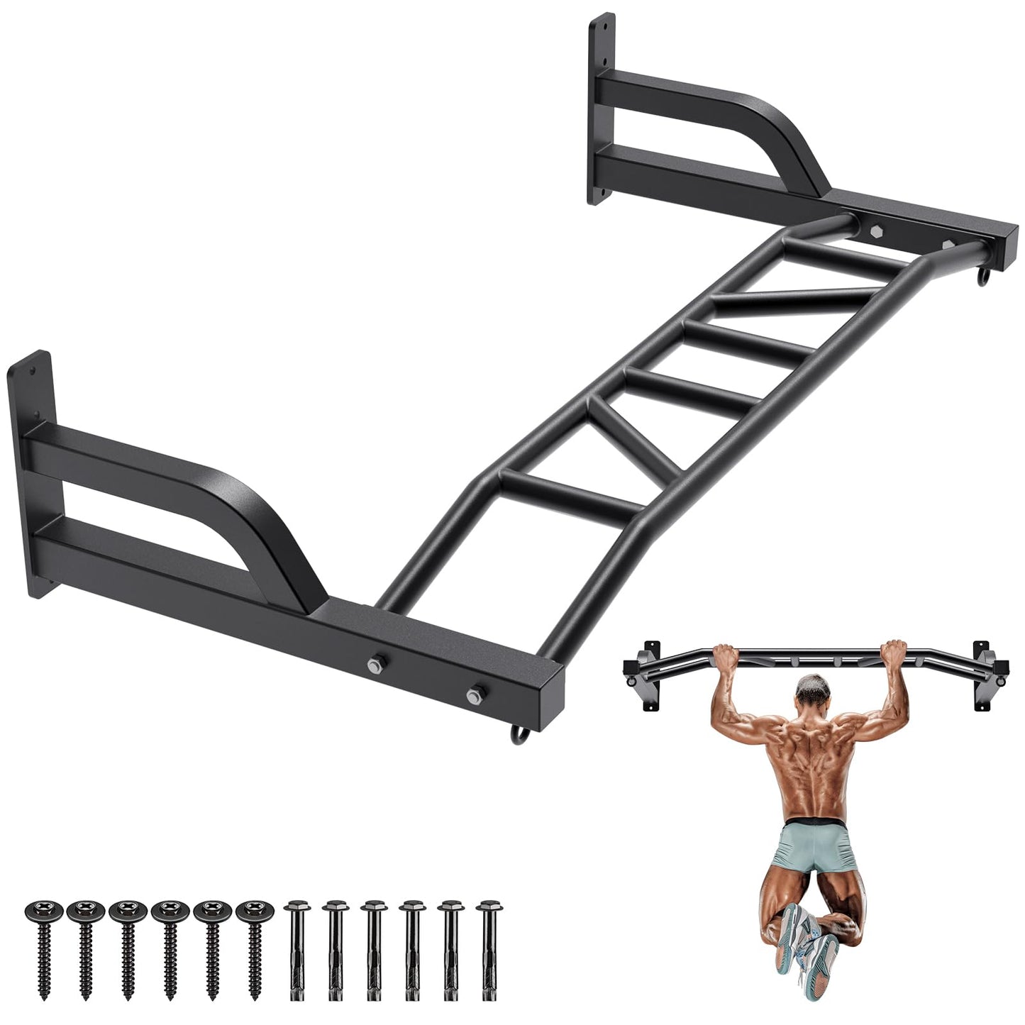 SELEWARE 48'' Multi-grip Pull Up Bar Wall Mount Heavy Duty Chin Up Bar with Hangers for Heavy Bag Home Gym Strength Workout Straps Support 500 lbs