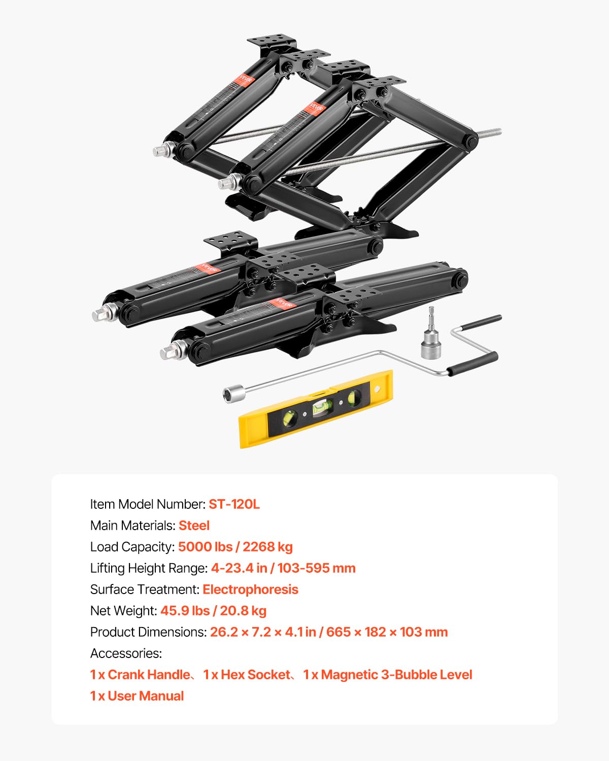 VEVOR 5000 lbs RV Scissor Jacks, 4-23.4 in RV Stabilizer Leveling Scissor Jacks, Set of 4, Heavy Duty Stabilizer Jack with Crank Handle, Socket and Bubble Levels, Not Easily Bent or Deformed