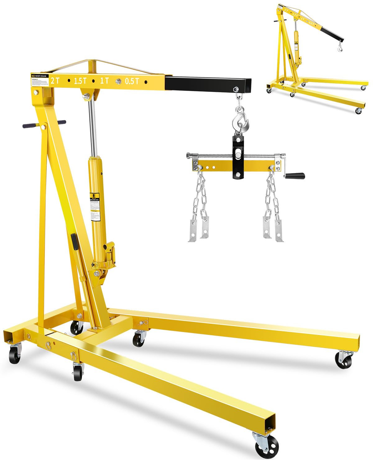 GarveeTech 2-Ton Folding Engine Hoist with Lever, Hydraulic Shop Crane with 6 Swivel Wheels & Adjustable Boom (0.5T-2T), Heavy-Duty Cherry Picker for Garage, Workshop, Truck, Farm (Net Wt. 168 Lbs)