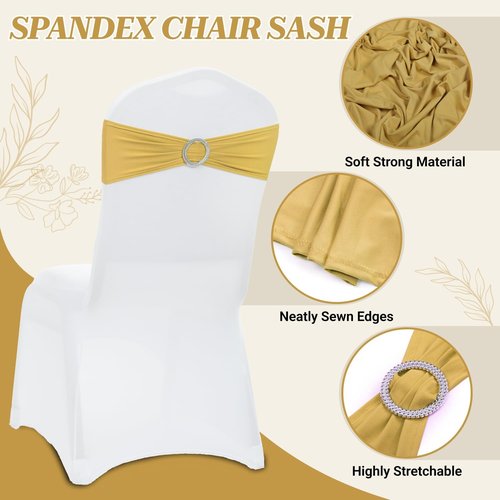 MDS Spandex Chair Sashes - Pack of 200 Elastic Stretch Bows with Buckle Slider for Wedding Decor - Gold