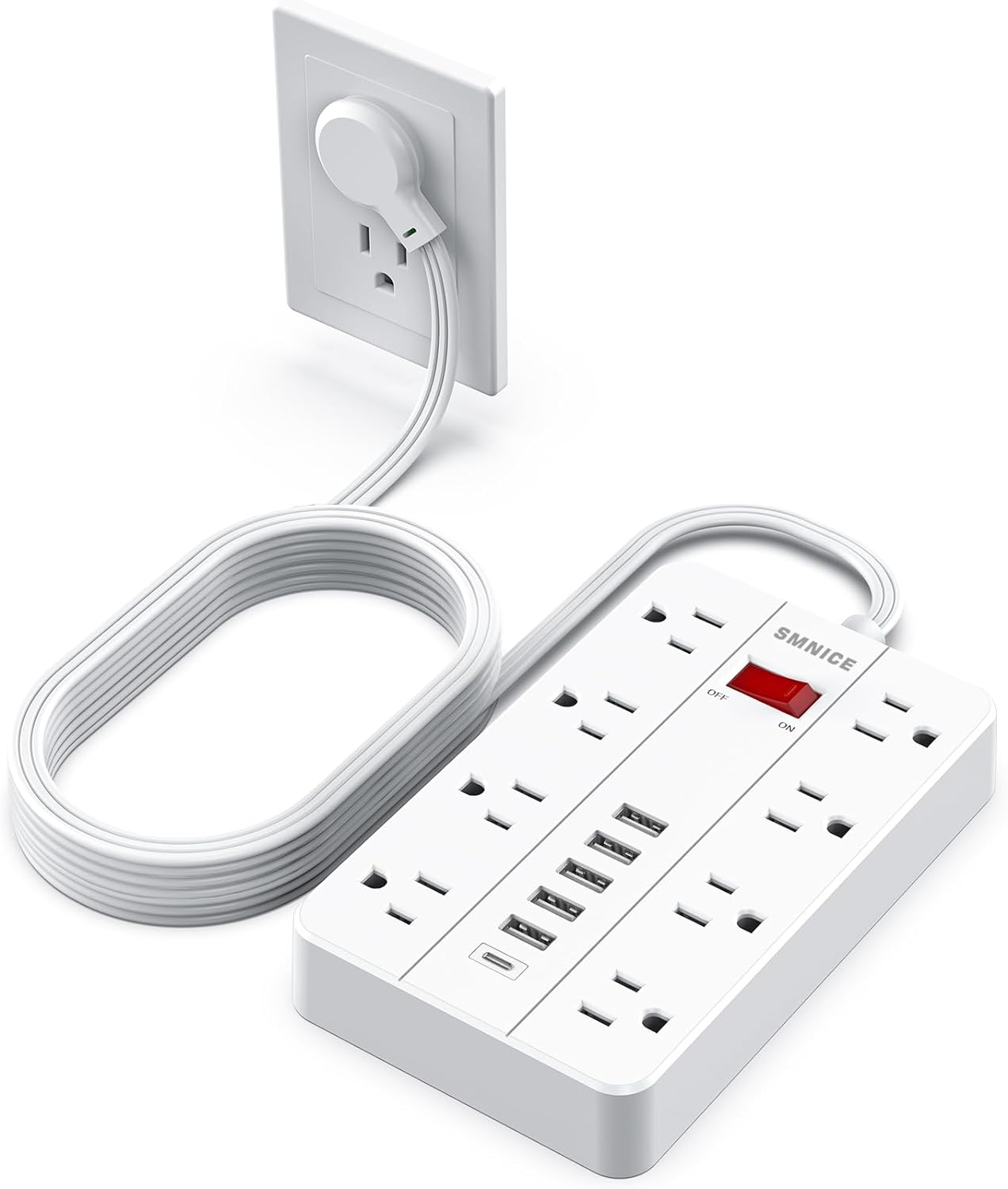 SMNICE 10 8 6USB(1 Power Strip Surge Protector, Flat Plug Long Extension Cord Ft with Widely Spaced Outlets USB C)