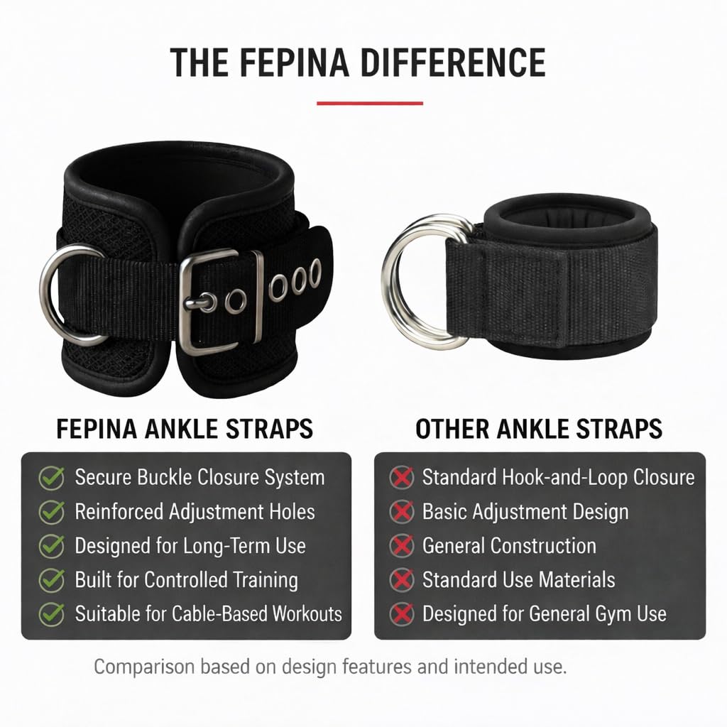 FEPINA Durable Ankle Straps for Cable Machines (2 Pack) – Adjustable Gym Ankle Cuffs for Men & Women, Heavy Duty Buckle Closure, Ideal for Glute Kickbacks, Hip Abductors, Leg & Thigh Workouts (Black, Pair)