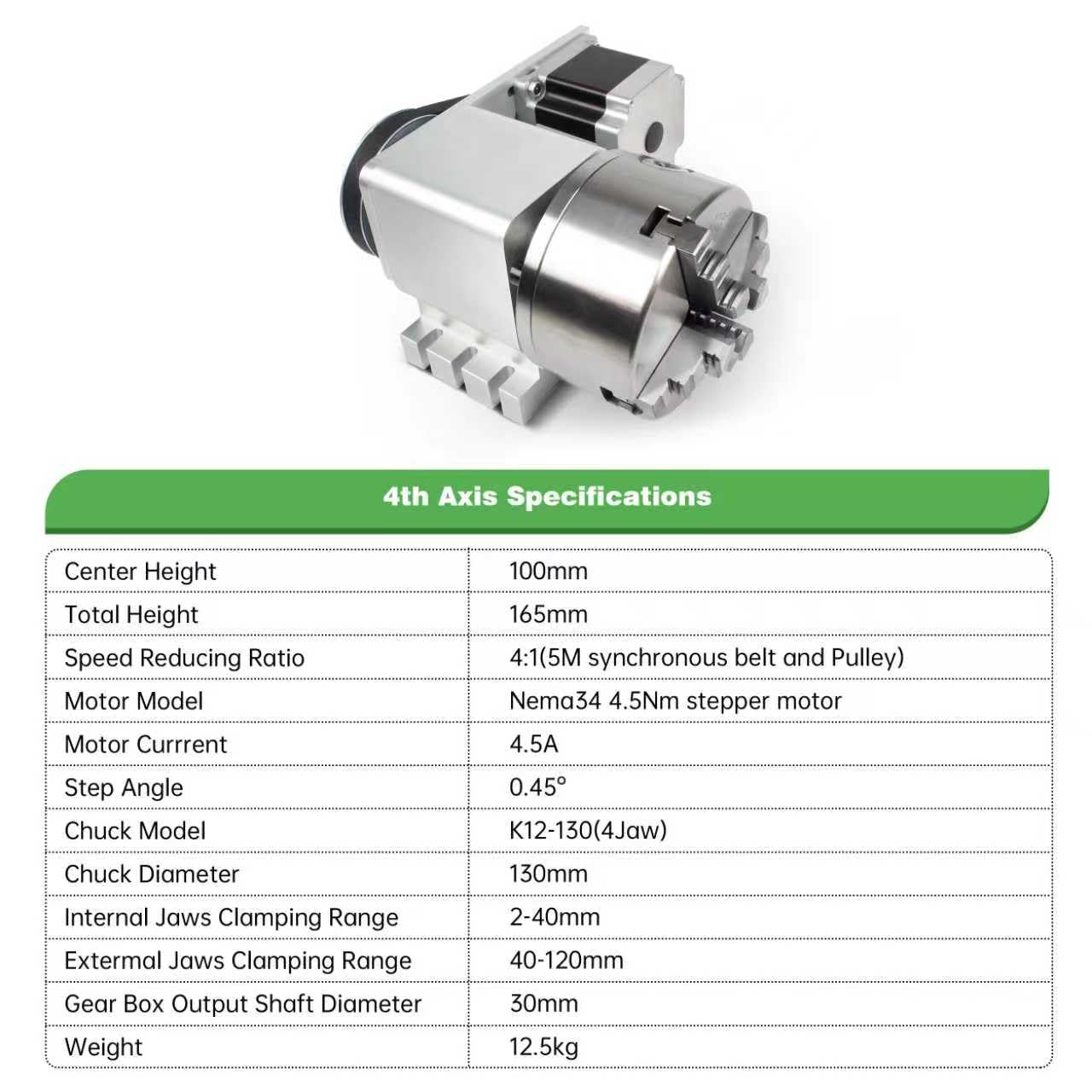 RATTMMOTOR K12-130mm CNC Router Table Rotary Milling Machine Rotational Axis A 4th Axis Through Hole 30MM, 4 Jaw Chuck Dividing Head Reducing Ratio 4:1, Nema34 Stepper Motor