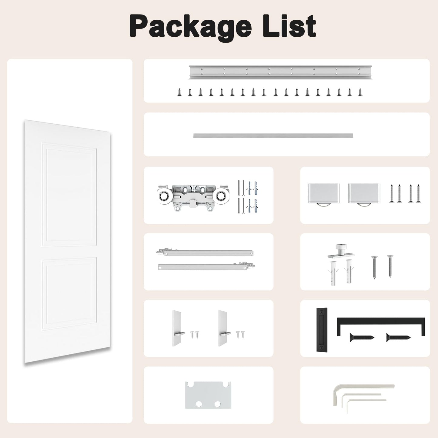 BarnSmith 36"x84" Concealed Sliding Barn Door with Soft Close Hardware Kits, White Primed Solid Core Hidden Door for Opening 32"-34"x80", 2 Flat Panel with 2 Steps, Matte Black Handles Included