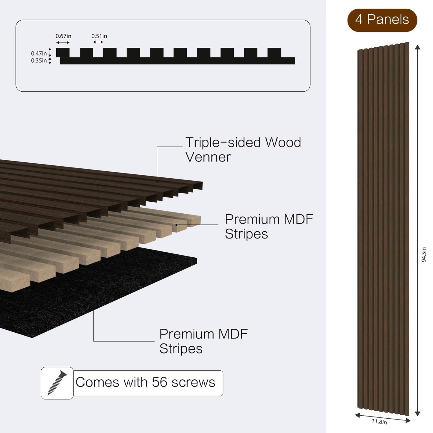 RODENET Soundproof 3D Slat Wall Panels 4-PACK 94.5"x11.8" MDF Acoustic Panels with Realistic Wood Grain for Noise Reducing Decor(DARK WALNUT)