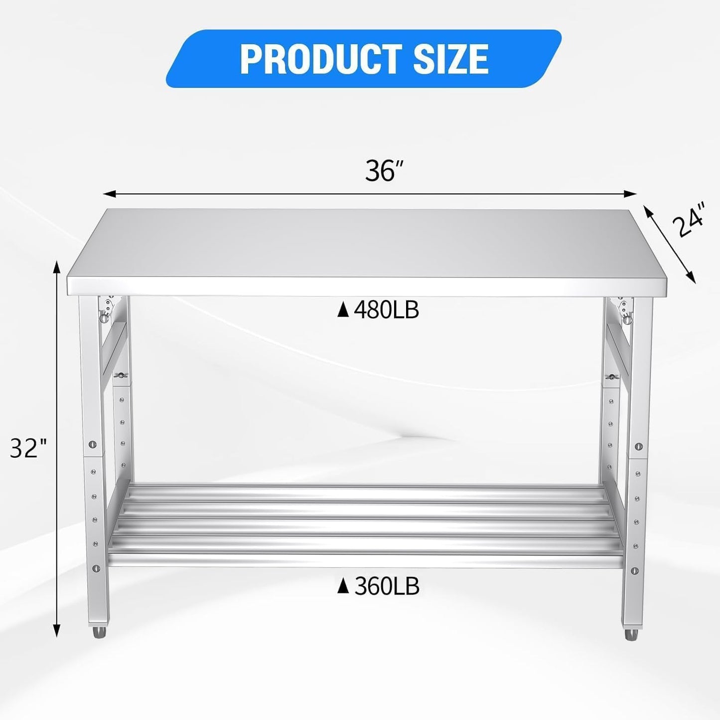 Mioleu Commercial Foldable Heavy Duty Stainless Steel Table, 36 x 24 Inches Metal Prep & Work Desk with Adjustable UnderShelf and Feet for Kitchen Restaurant Home Garage Warehouse
