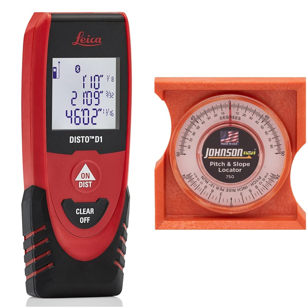 Leica DISTO D1 120ft Laser Distance Measure with Bluetooth 4.0, Black/Red & Johnson Level & Tool 750 Pitch & Slope Locator, Orange, 1 Level