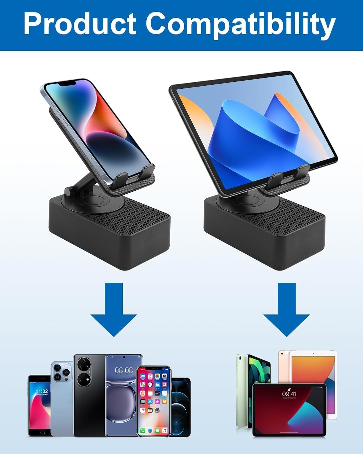 YUEWEESER 3-in-1 360 Cell Phone Stand Foldable with Induction Speaker & Atmosphere Light, Rotation Audio Dock