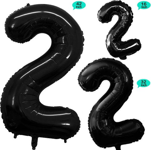 GOER Black Foil Number 2 Balloons - Giant Birthday Party Decorations | 3 Pack (42", 32", 16")