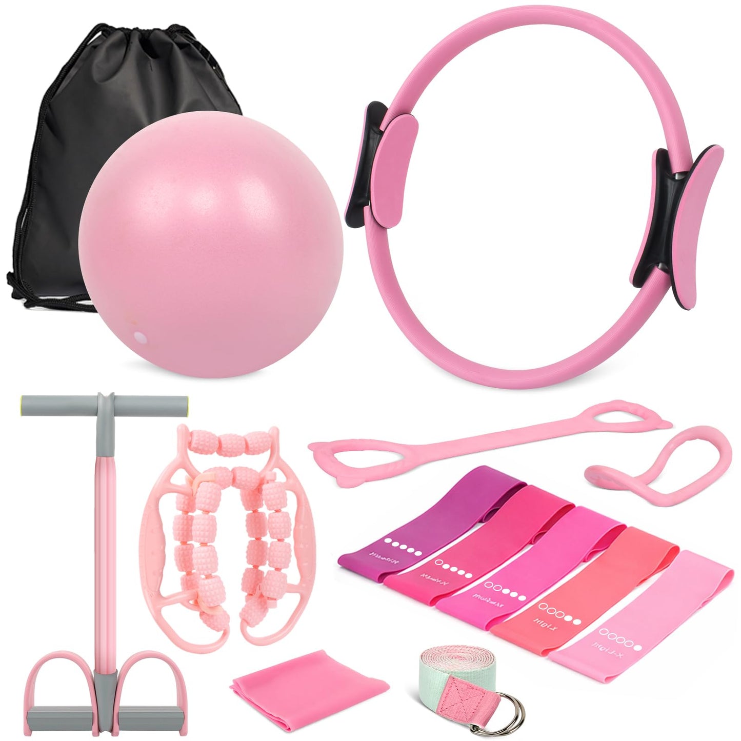 WYDHven Home Pilates Essentials Kit for Women – Complete 14-in-1 Pilates Equipment Ring and Ball Set with 5 TPE Resistance Bands, 8-Shaped Pull Band, Stretch Strap and Waterproof Bag
