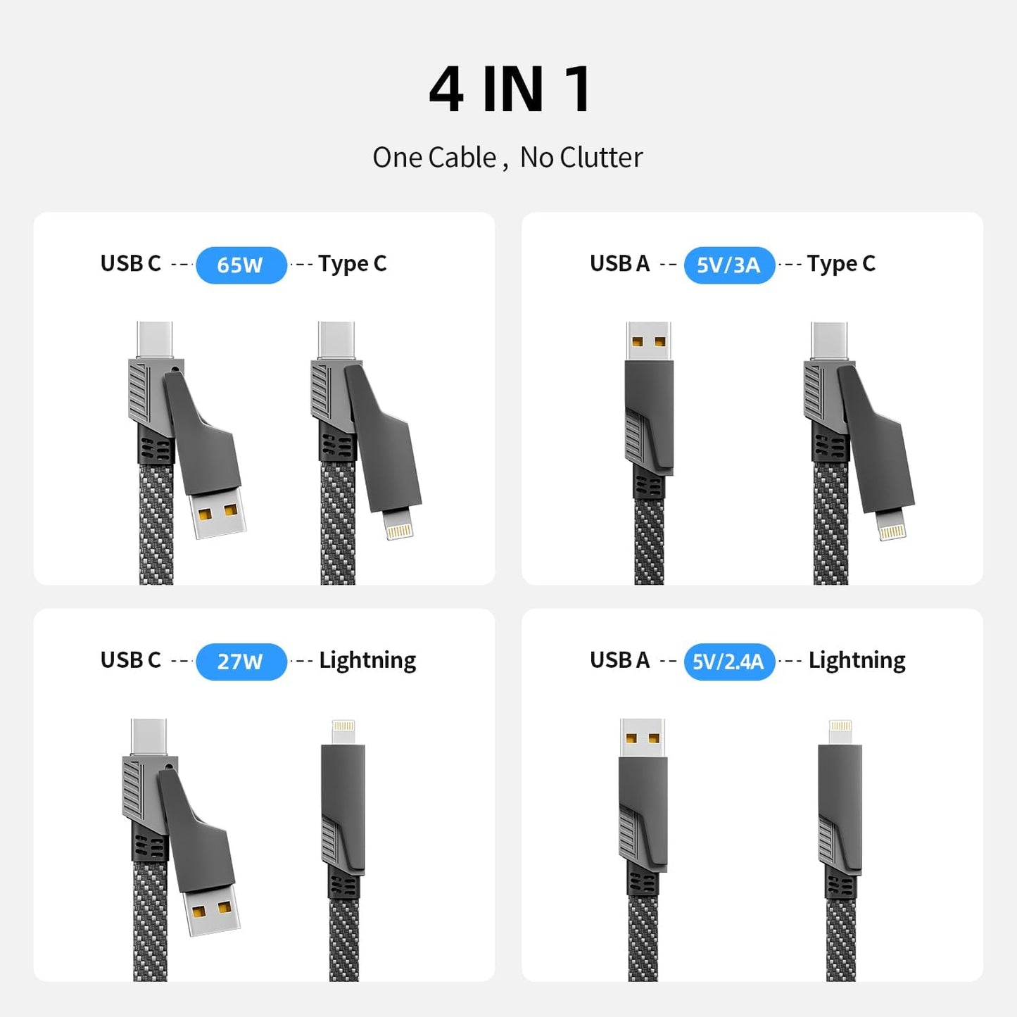 4 1 65W, 4-in-1 16/15/14/13 More(4FT) in Charging Cable Fast Charging USB C Cable USB Multi Charging Cable with E-Mark