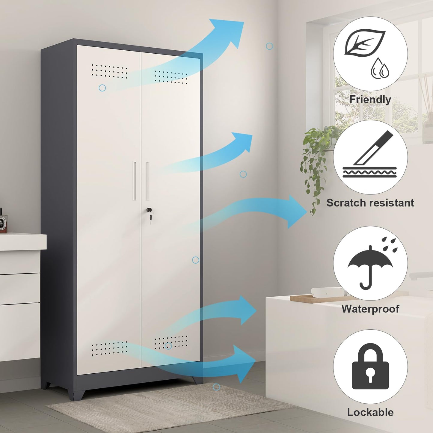 GREATMEET Metal Garage Storage Cabinet, 73" H Broom Closet Storage Cabinet, Locking Utility Cabinet with Doors and Shelves for Garage, Home, Grey White