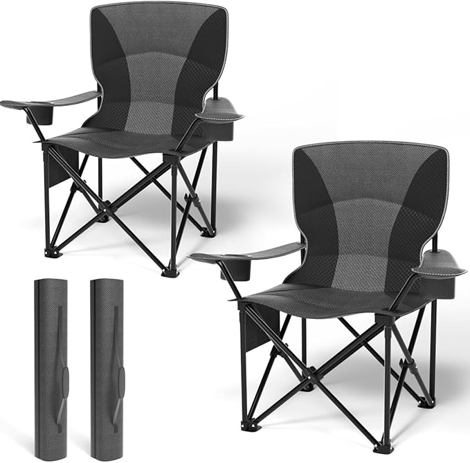 Heavy Duty Folding Chair 500LB Capacity, Oversized Camping Chairs with Cup Holder, Cooler Bag & Storage Pouch, Double-Layer Fabric, Outdoor Chairs for Sports, Lawn Chairs (2, Black Grey, Extra Large)