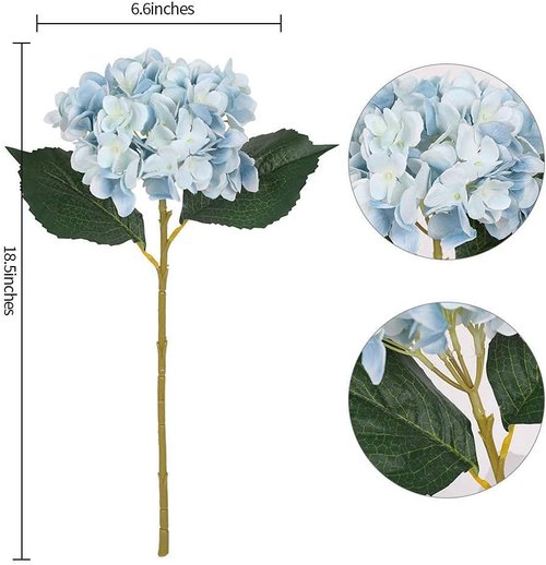 Kisflower Blue Hydrangea Artificial Flowers - 6 Pcs Faux Silk Hydrangeas for Home & Wedding Decor