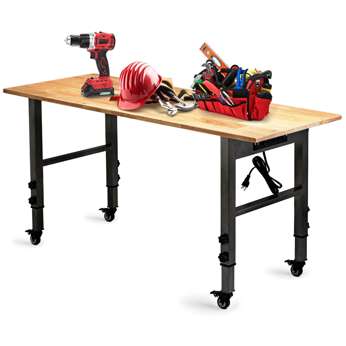 OLBRUS 54.3 "Adjustable Workbench with Power Outlet, Heavy Duty 2000 LBS Load Capacity Hardwood Workbench Suitable for Workshop, Office, Garage, Home (Metal Wheels丨Power Outlets 54.3"x21.6")