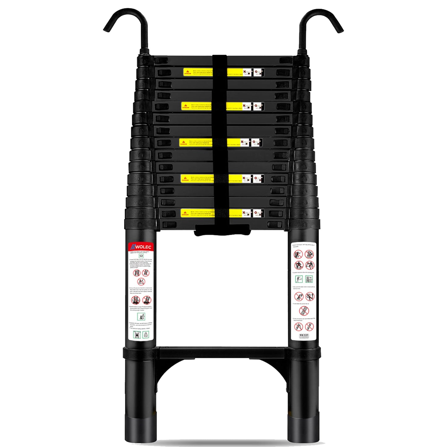 Wolec 14.5 ft Aluminum Telescoping Ladder, 330 lb Load, Hooks, Portable Collapsible Ladder for Home & Work, Black