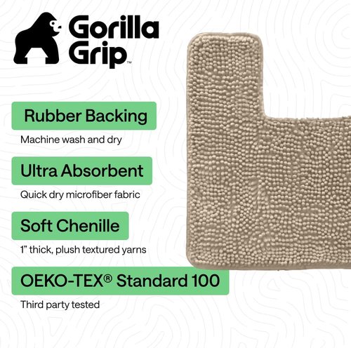 GORILLA GRIP Bath Rug Mat - Plush Absorbent Shaggy Chenille for Square Toilet Base - Gray Beige, Machine Washable