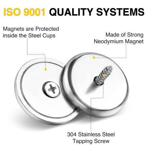 DIYMAG Strong Neodymium Magnets - 8 Pack 110LBS Silver Round Cup with Countersunk Holes & Screws | Ideal for Office & Wall Mounting