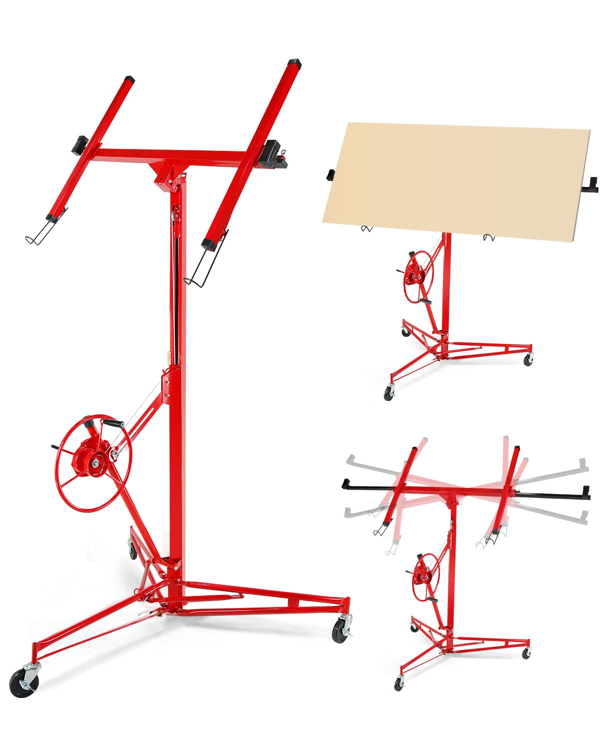 Drywall Lift Jack 150LB Capacity, 3.5FT-11FT Adjustable Height, 60° Tilt & 360° Rotation, Heavy Duty Steel Sheetrock Hoist with Wheels for Ceiling & Wall Installation, Professional Panel Lifter