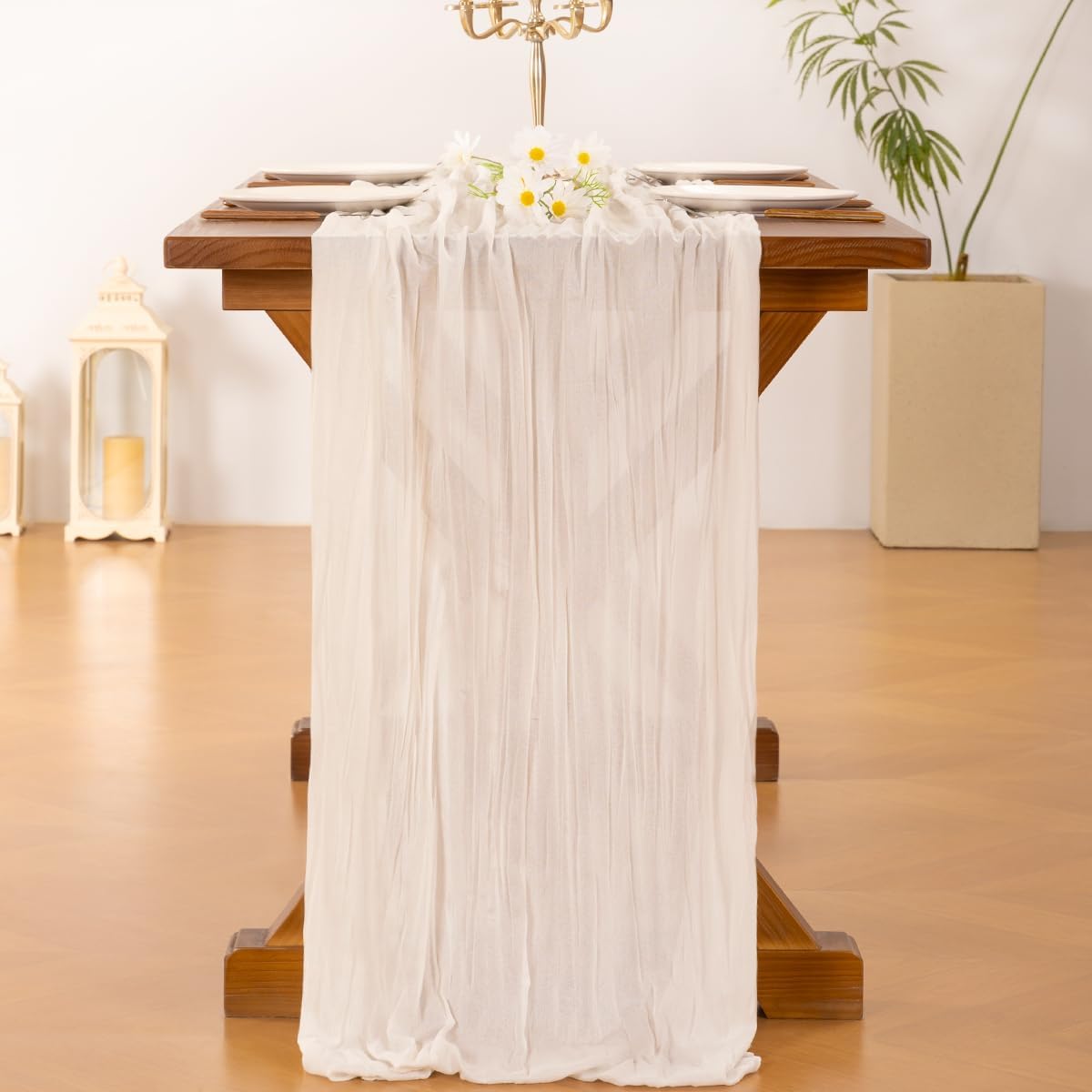 Socomi Ivory White Cheesecloth Table Runner - 120 Inch Boho Rustic Decor for Weddings & Events