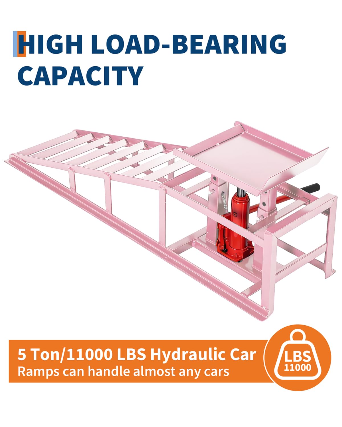 Hydraulic Car Ramps 2 Pack, 11000 LBS/5T Heavy Duty Steel Auto Service Ramps, Repair & Maintenance, 9.4"-13.34" High Lift for Truck, Vehicle, SUV, Garage, Oil Changes, Pink