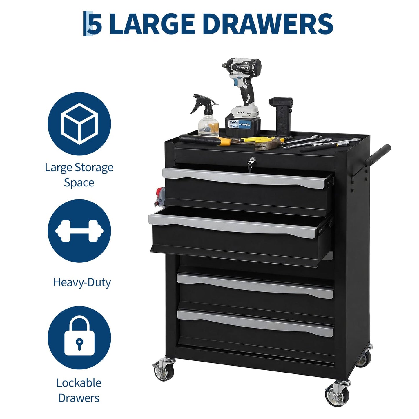 SierraSquad 5-Drawer Rolling Tool Chest with Lock, Tool Cabinet on Wheels, Includes Drawer Liners, Latch System & Link Buckle,Can Be Combined to Large Cabinet Set for Garage Workshop Storage, Black