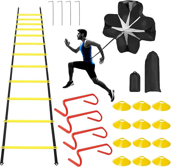 Professional Agility Ladder Speed Training Equipment Set-20ft Agility Ladder,12 Soccer Cones, 4 Agility Hurdles, Running Parachute, Suitable for Soccer Football Basketball Training