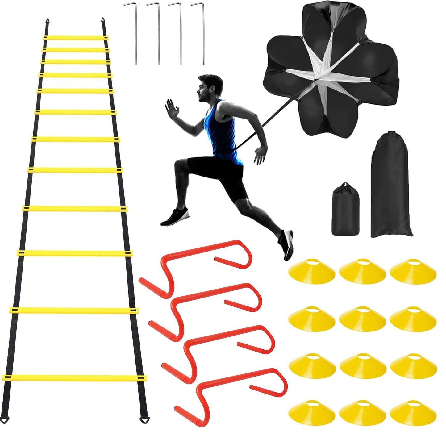 YEXEXINM Professional Agility Ladder Speed Training Equipment Set-20ft Agility Ladder,12 Soccer Cones, 4 Agility Hurdles, Running Parachute, Suitable for Soccer Football Basketball Training