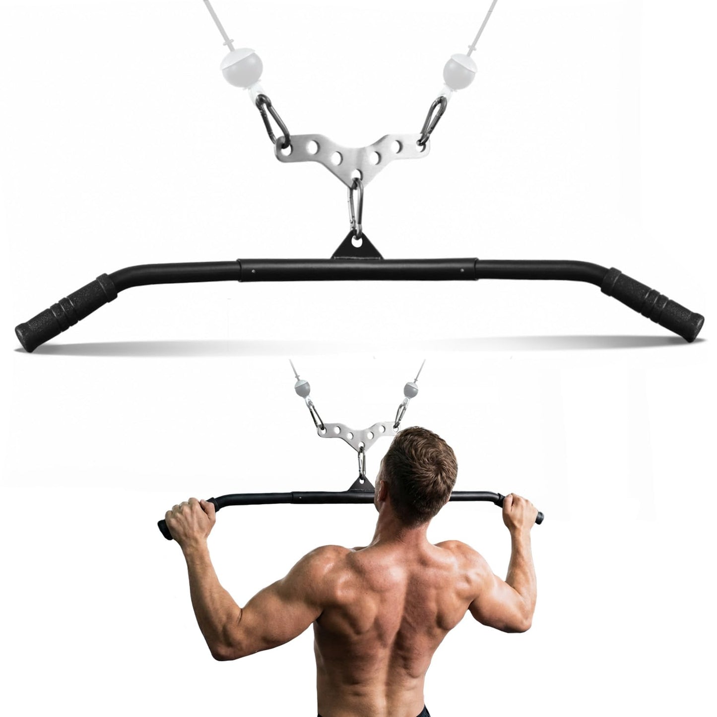 J Bryant LAT Pulldown Bar with Double to Single Cable Adapter Plate, 39" Detachable LAT Bar with 3 Carabiners for Home Gym Cable Machine, Pulley System Attachment for Back, Tricep & Row Training