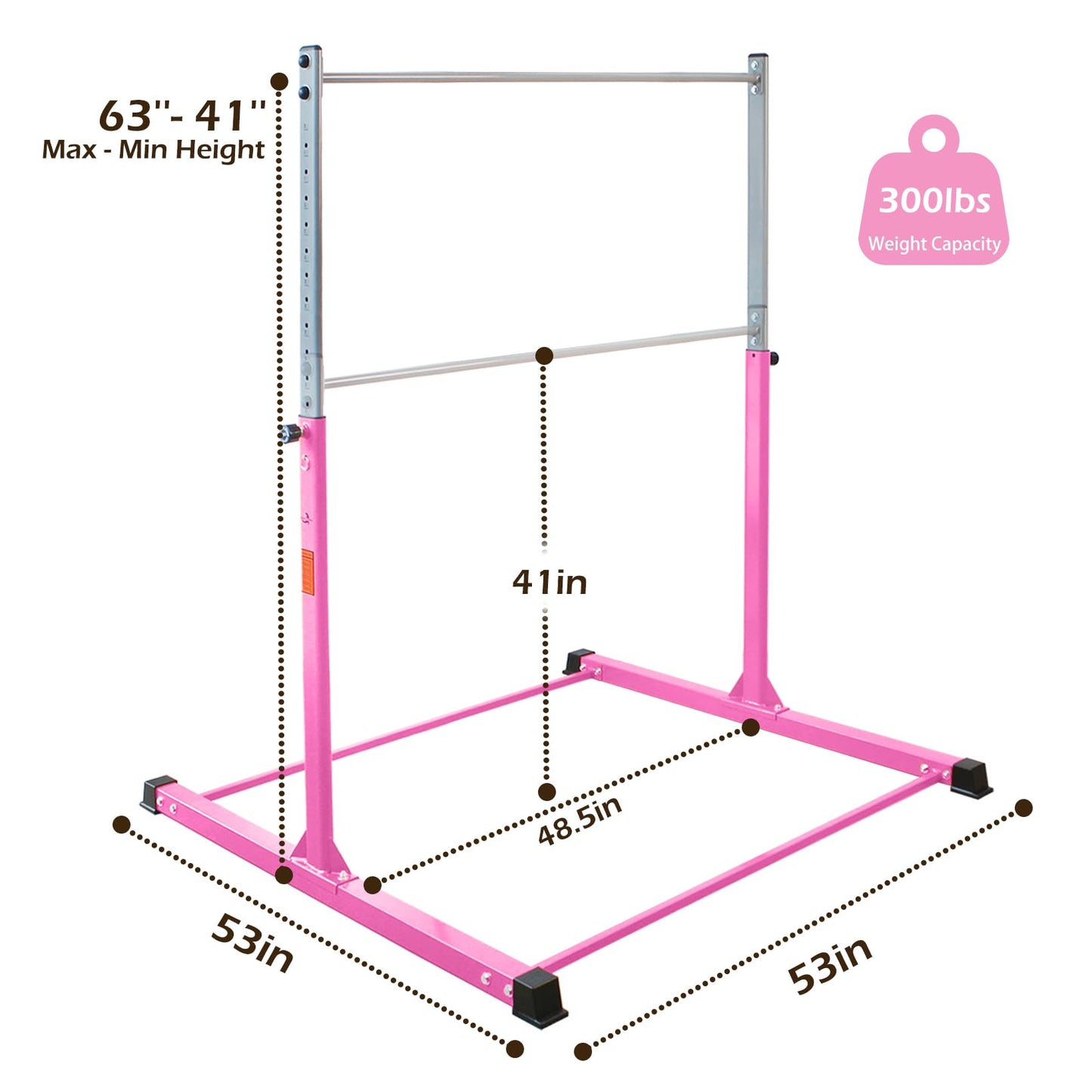 DINOFITNESS Gymnastics Bar for Kids,11 Levels Adjustable Height Gymnastics Equipment for Home,Thickened Upright Tube Gymnastic Horizontal Bars,No Wobble Gymnastics bar for Kids Ages 3-16 (Pink)