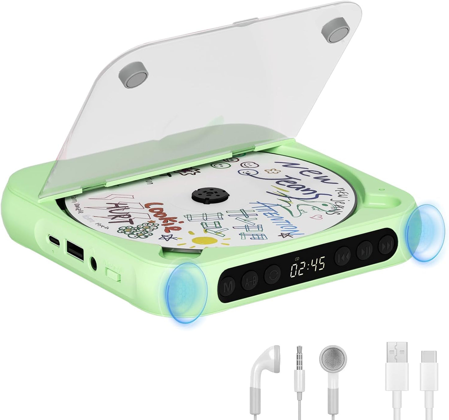 SKYANS Portable CD Player with Bluetooth, Rechargeable CD Player for Home/Car, Built-in HiFi Speakers, Headphones, LCD