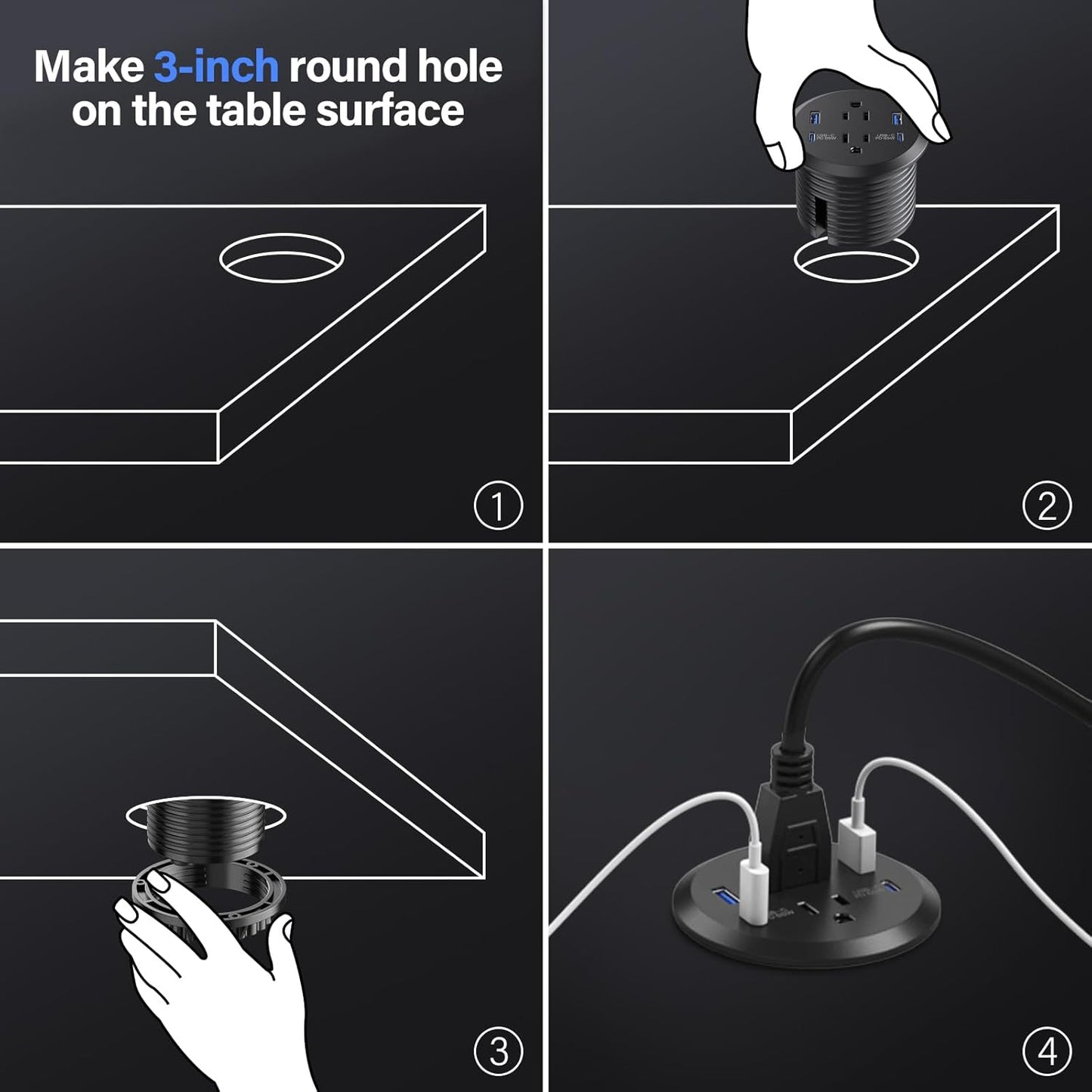Jgstkcity Grommet, 65W 3inch Hole,2 Outlets,4 Countertop 65W Desktop Power USB C Fast Charging Port, Flush Mount