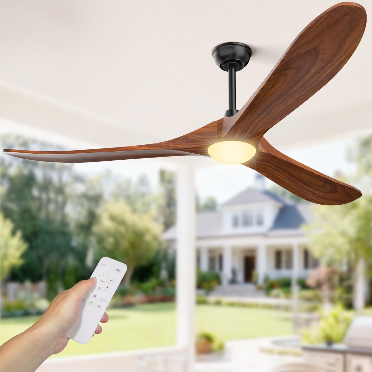 Obabala 70" Outdoor Ceiling Fan with Light and Remote, Solid Wood 3-Blade Ceiling Fan with DC Motor for Patio and Farmhouse, Dark Walnut