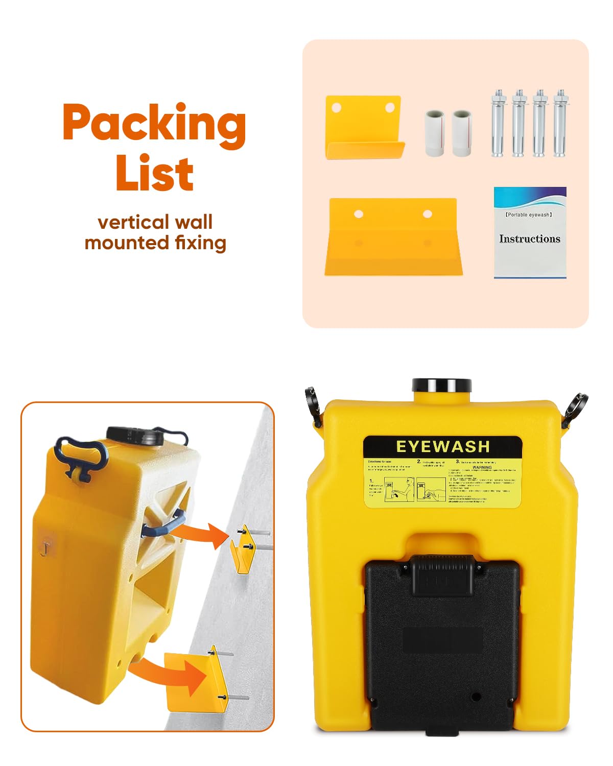 Portable Eyewash Station 14 Gallon with Wall Mount, OSHA Approved Gravity Fed Emergency Eye Wash Station, Heavy Duty Self Contained Unit for Industrial Worksites, Warehouses, Manufacturing