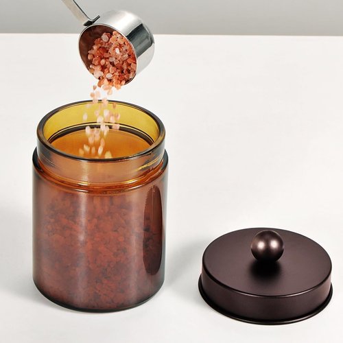 Amber Glass Qtip Holder - Apothecary Jar Set with Brown Metal Lid | Bathroom Organizer for Cotton Swabs (3 Pack, Bronze)
