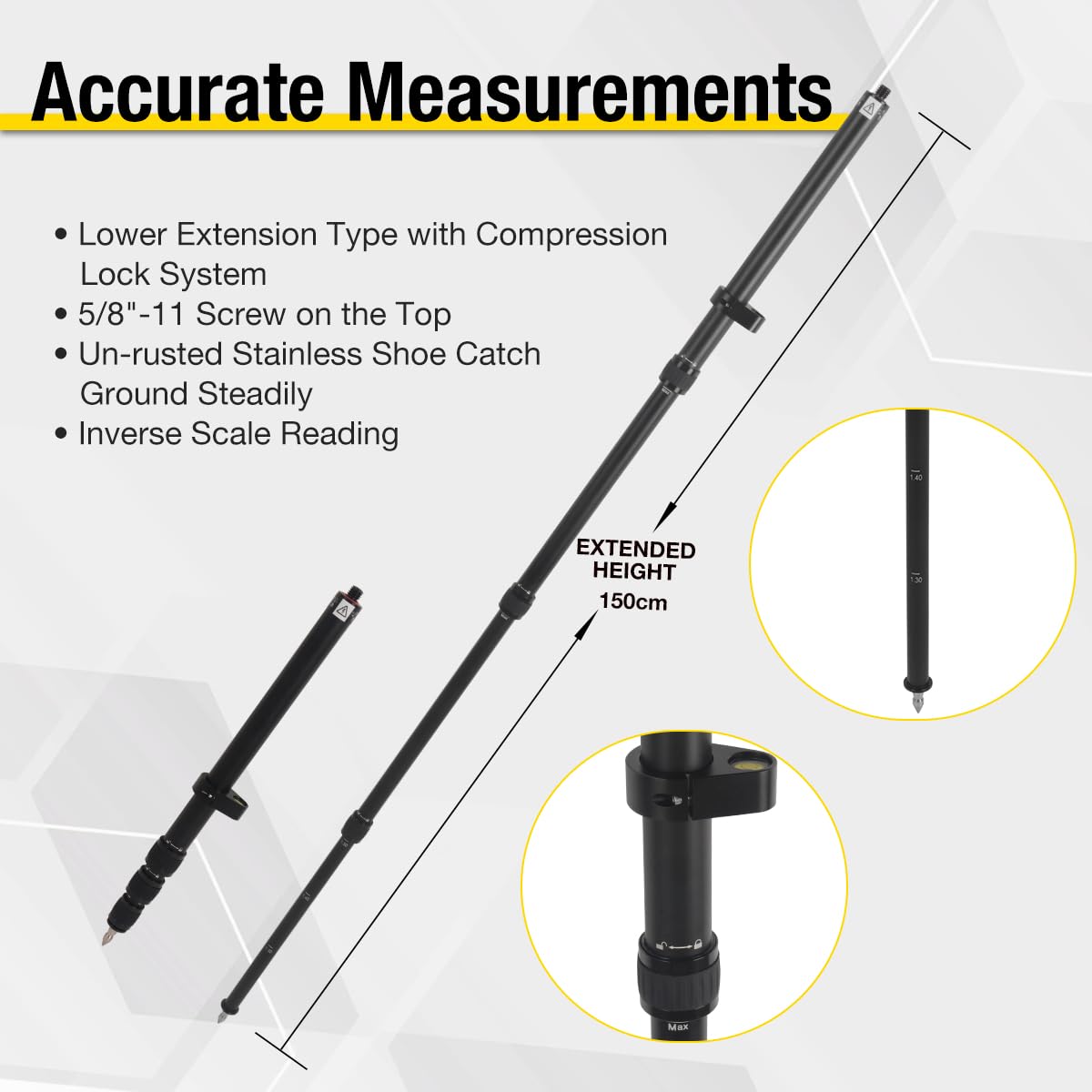 DMITER Telescopic Rover Rod - 5 FT/1.5M Aluminum Survey Pole with Removable Tip & Locking System for Land Surveying, Engineering, and Mapping