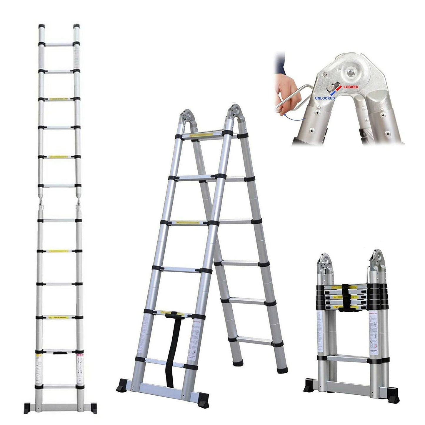 A-Frame Telescoping Ladder 12.5ft 6 + 6 Steps Adjustable Height with Support Bar Anti-Slip Feet, 330lbs Max Load, Folded Height 2.7ft Space Saving Easy to Transport, Heavy Duty RV Home Ladder
