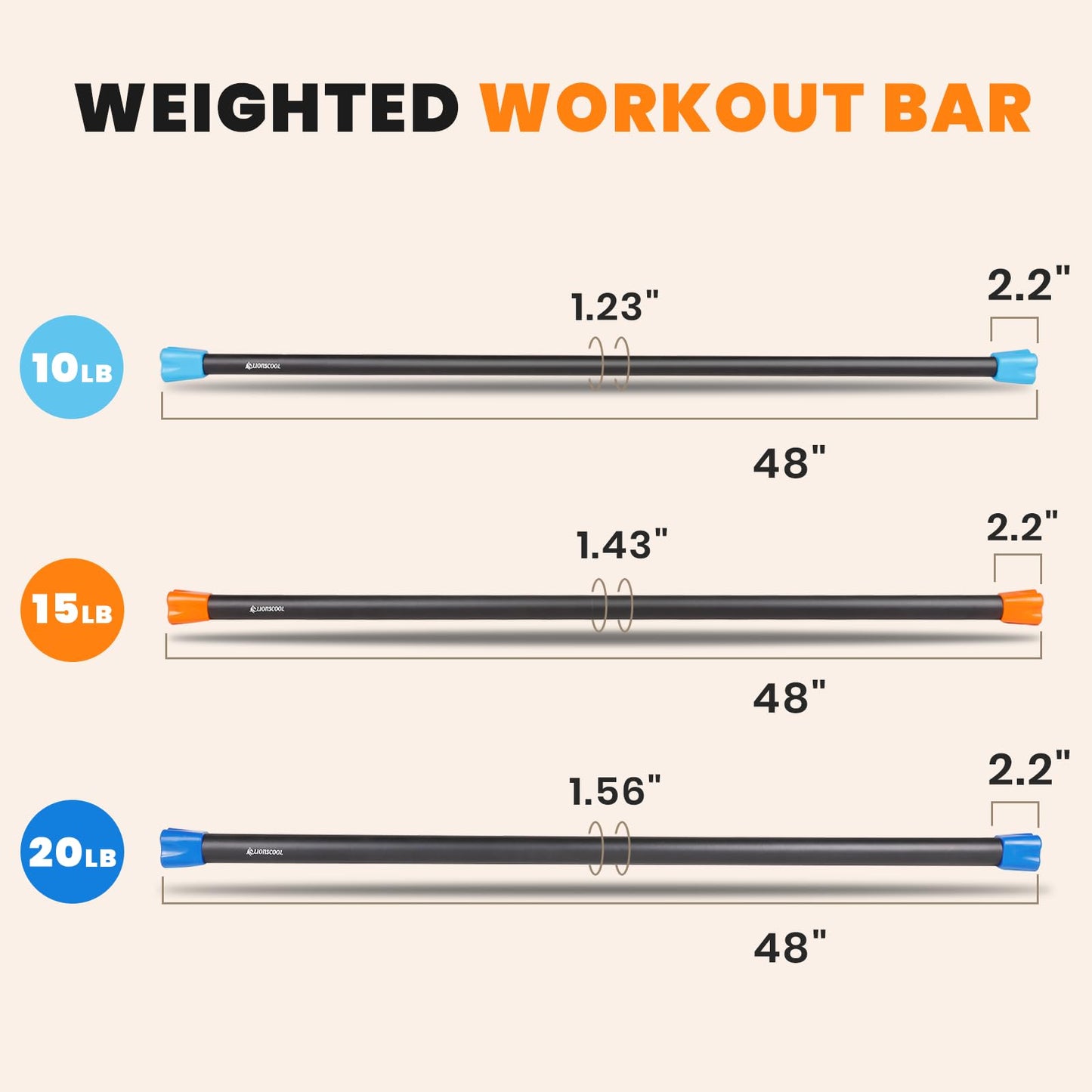 LIONSCOOL Workout Weighted Bar,Padded Exercise Weight Bar, Solid Steel Stretching weighted bar set for Body Sculpting, Physical Therapy,Body Toning (Set of 3-10LB, 15LB and 20LB)